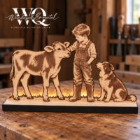Kleine Bauernhoffreunde – Holzdekoration mit LED, 20 × 30 cm